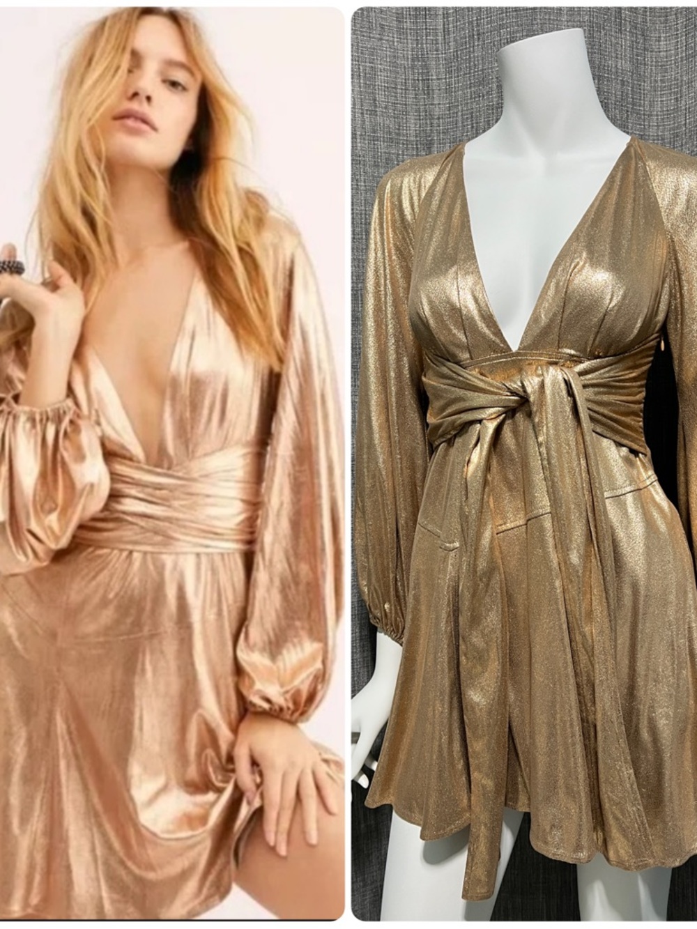 Free People Gold As Gold Metallic Foil Long Sleeve Mini Dress 0 XS NWOT